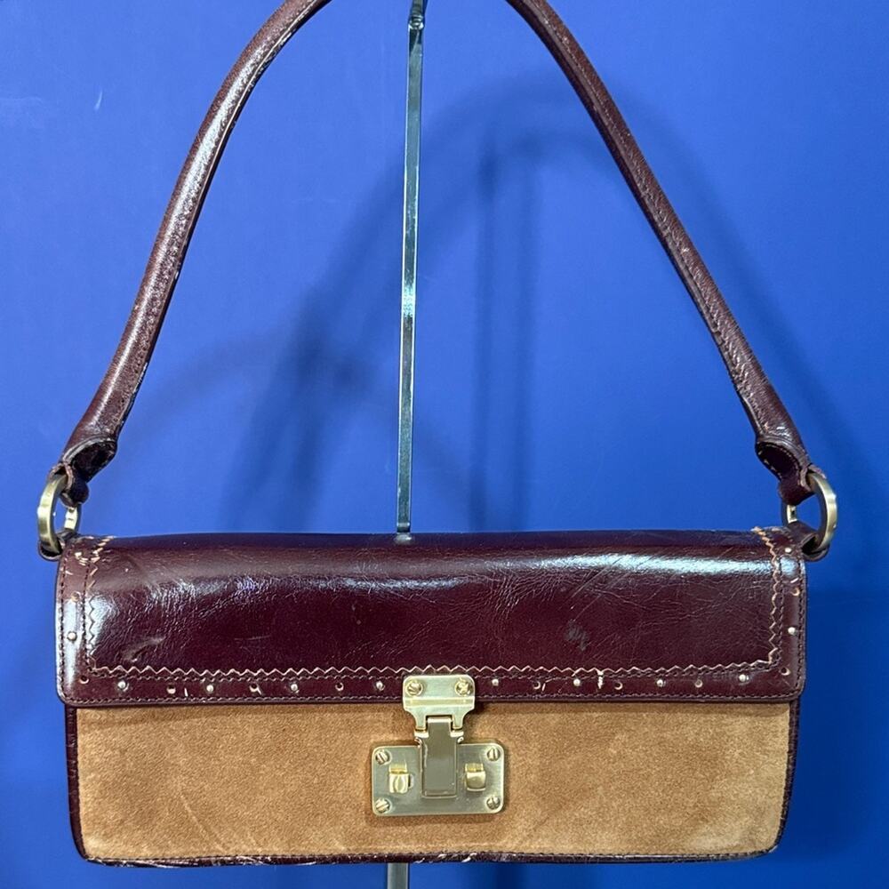 Ann Taylor Beige Brown Suede Leather Rectangular Small Hobo Shoulder Bag